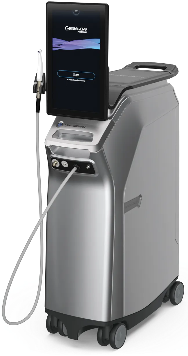 An image showcasing a silver GentleWave G4 dental system against a white background.